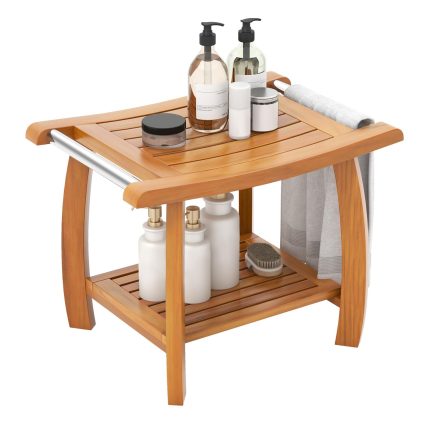 Gaintex Teak Shower Bench with Handles and Storage Shelf, Teak Shower Stool for Shaving Legs, Non-Slip Foot Pads - Horizontal Slat