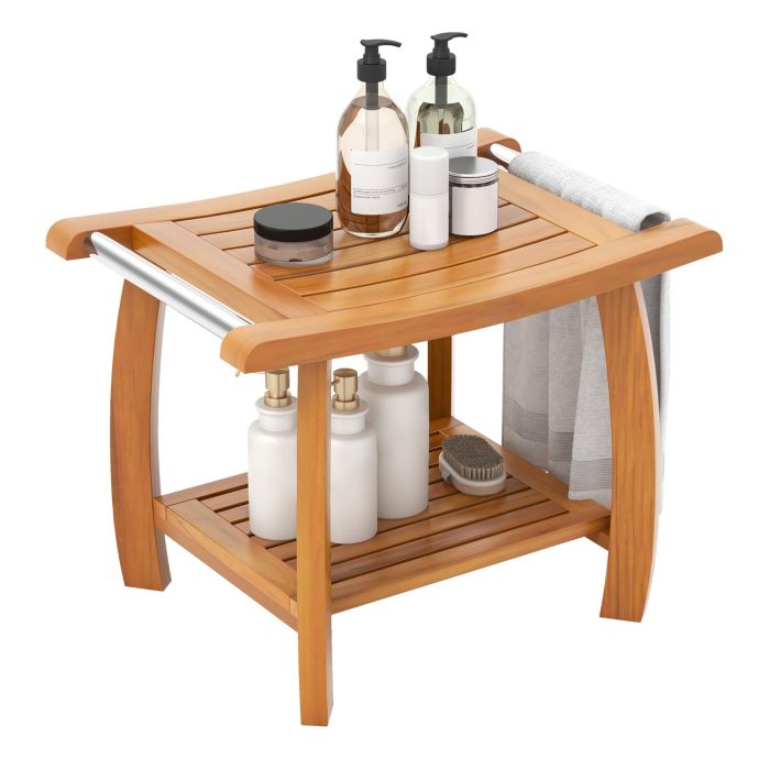 Gaintex Teak Shower Bench with Handles and Storage Shelf, Teak Shower Stool for Shaving Legs, Non-Slip Foot Pads - Horizontal Slat - Image 1