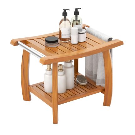 Gaintex Teak Shower Bench with Handles and Storage Shelf, Teak Shower Stool for Shaving Legs, Non-Slip Foot Pads - Vertical Slat