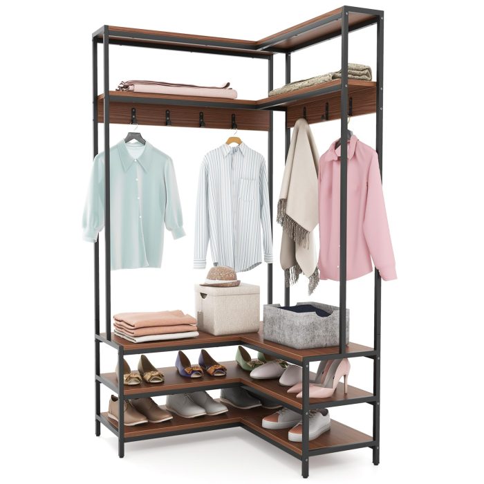 Giantex Corner Coat Rack with Shoe Bench, L-shaped Garment Rack with 5 Shelves & 7 Hooks - Walnut & Black - Image 1