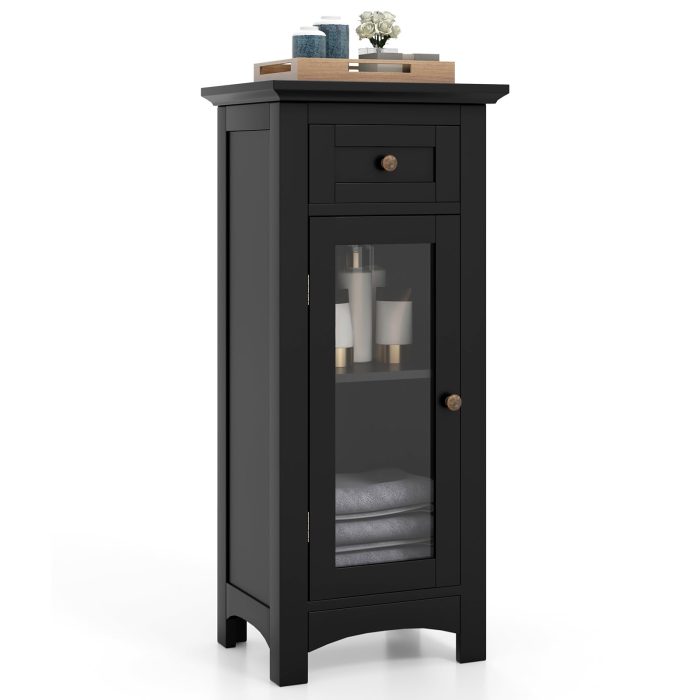 Giantex Small Bathroom Storage Cabinet, Freestanding Narrow Bathroom Cabinet with Single Glass Door, Drawer - Black - Image 1