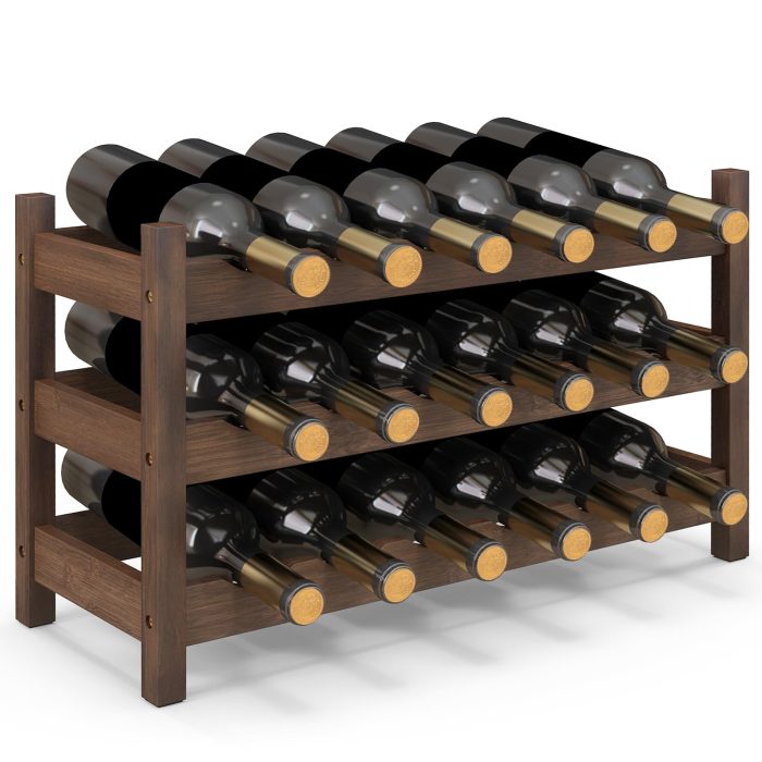 Giantex Bamboo Wine Rack, 2/3 Tier 12/18 Bottle Wine Storage Cabinet Shelf - Coffee 24" x 9.5" x 15"(L x W x H) - Image 1