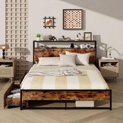 Giantex Bed Frame with 2-Tier Storage Headboard - Queen