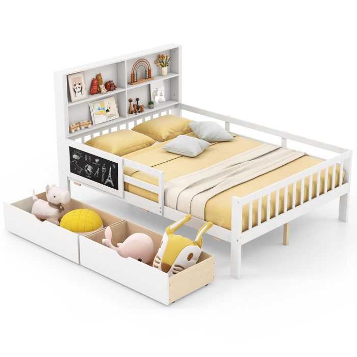 Giantex 2 Storage Drawers, Solid Wood Kids Bed Frame w/Bookcase Headboard & Blackboard - Full - Image 1