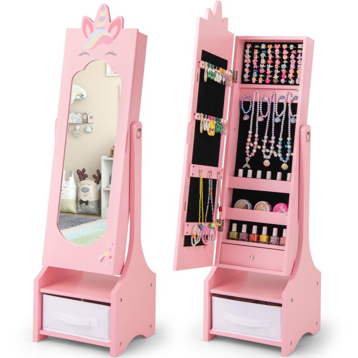 CHARMAID Kids Mirror Jewelry Cabinet - 45.5" Standing Jewelry Armoire with Full Length Mirror - Image 1
