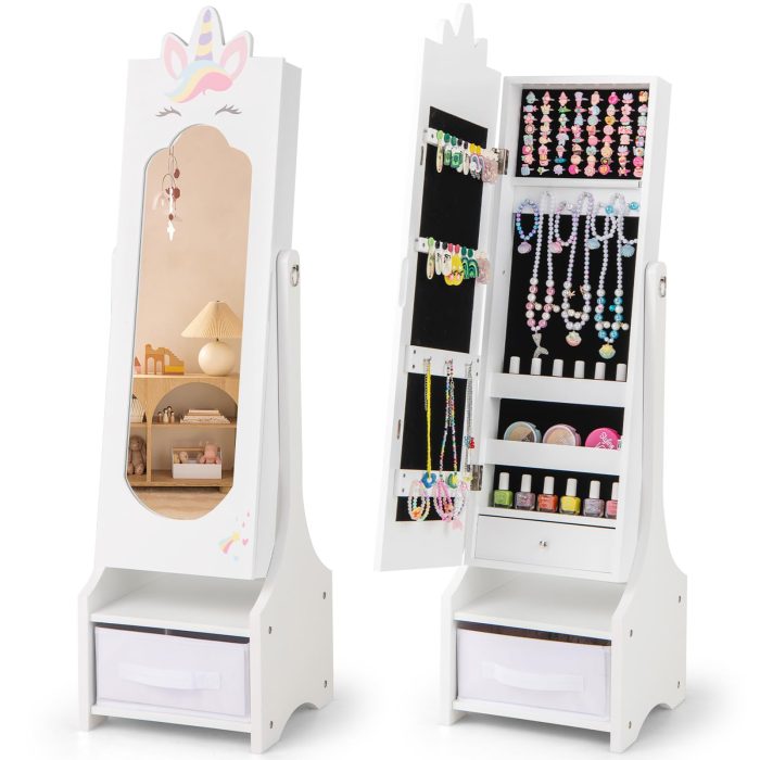CHARMAID Kids Mirror Jewelry Cabinet - 45.5" Standing Jewelry Armoire with Full Length Mirror - Image 1