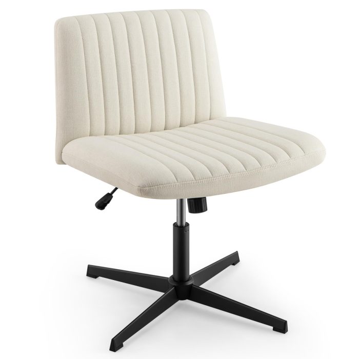 Giantex Criss Cross Chair, Fabric Cross Legged Office Desk Chair No Wheels - Beige - Image 1