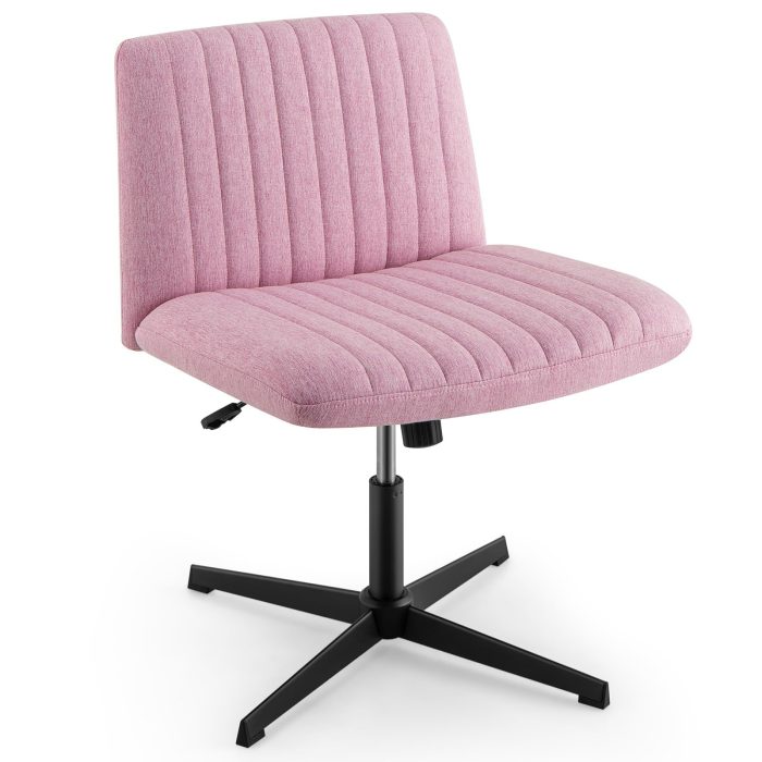 Giantex Criss Cross Chair, Fabric Cross Legged Office Desk Chair No Wheels - Pink - Image 1