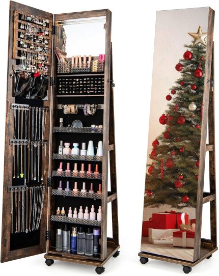 CHARMAID Jewelry Cabinet Armoire with Wheels, 64" Full Length Mirror with Jewelry Storage - Rustic Brown