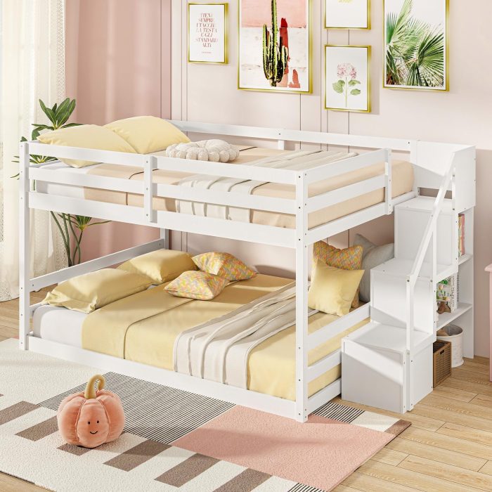 Giantex Bunk Bed with Stairs, Solid Wood Floor Bunk Bed with Storage Staircase & Full-Length Guardrails - Full over Full - Image 1