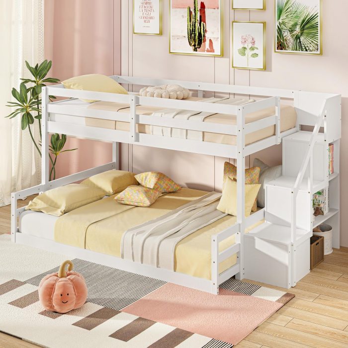 Giantex Bunk Bed with Stairs, Solid Wood Floor Bunk Bed with Storage Staircase & Full-Length Guardrails - Twin over Full - Image 1