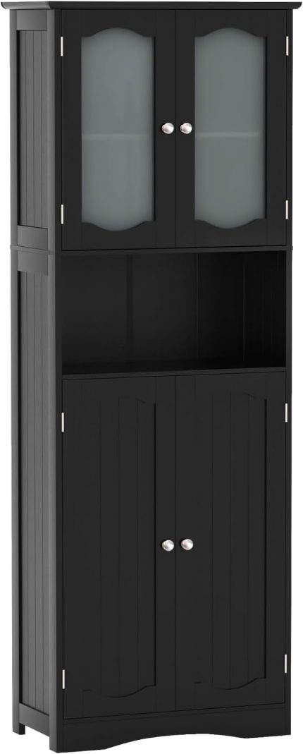 Giantex 64.5" Tall Bathroom Cabinet, Pantry Cabinet with Tempered Glass Doors, Adjustable Shelves - 1 Black