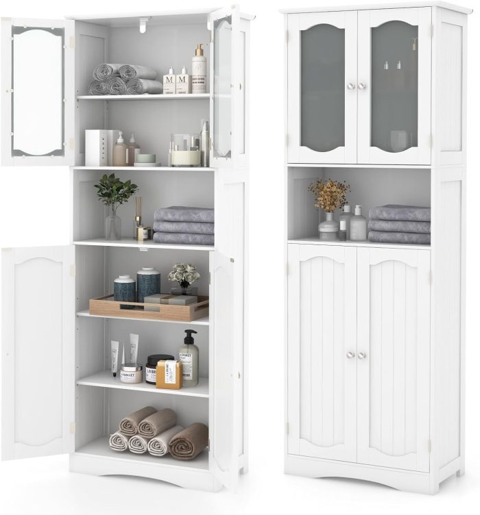 Giantex 64.5" Tall Bathroom Cabinet, Pantry Cabinet with Tempered Glass Doors, Adjustable Shelves - 2 White - Image 1