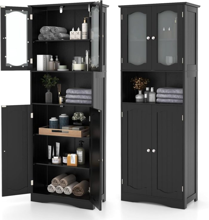 Giantex 64.5" Tall Bathroom Cabinet, Pantry Cabinet with Tempered Glass Doors, Adjustable Shelves - 2 Black - Image 1