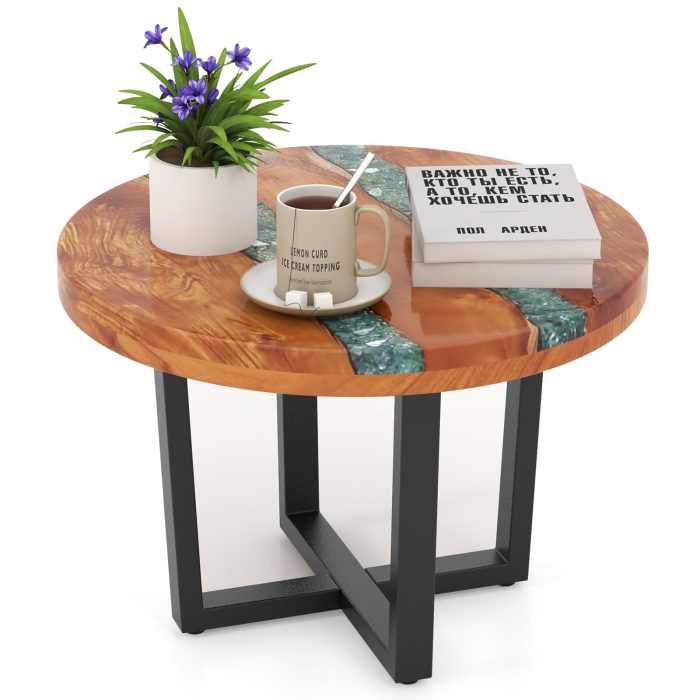 Giantex 24” Teak Wood Outdoor Side Table - Round End Table with Epoxy Resin Tabletop, Solid Live Edge, Mahogany Base - Image 1