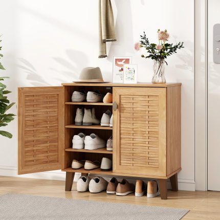 Giantex Shoe Cabinet with Doors, 4-Tier Farmhouse Shoe Storage Cabinet with 3 Adjustable Shelves