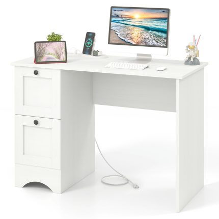 Giantex White Desk with 2 Drawers, 43” Wooden Home Office Desk with Charging Station - White