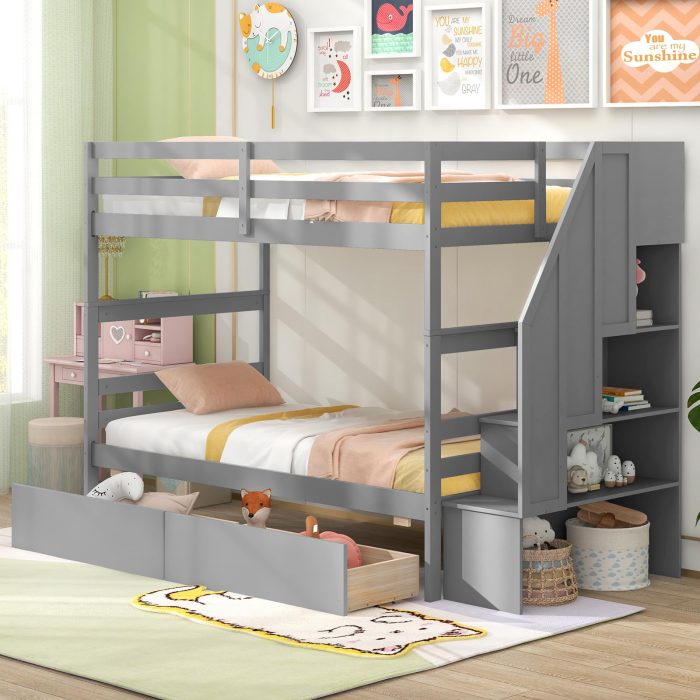 Giantex Bunk Bed Twin Over Twin with Storage Stairs & Drawers, Solid Wood Bunk Bed with Full-Length Guardrails - Grey - Image 1