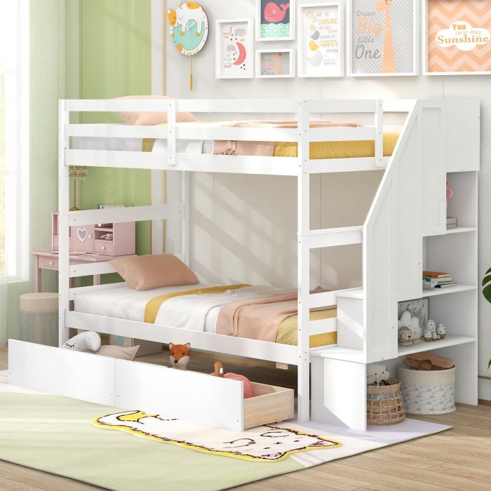 Giantex Bunk Bed Twin Over Twin with Storage Stairs & Drawers, Solid Wood Bunk Bed with Full-Length Guardrails - White - Image 1