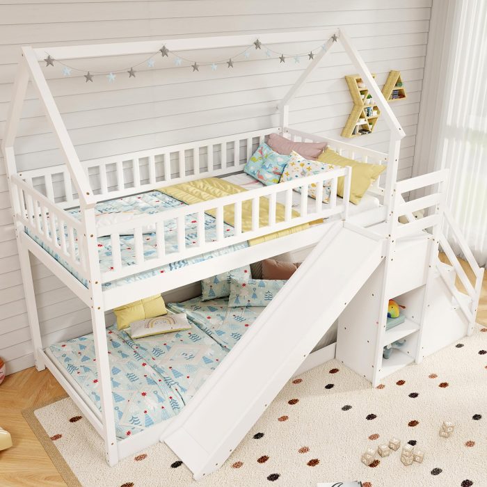 Giantex House Bunk Bed Twin Over Twin with Slide and Stairs - White - Image 1