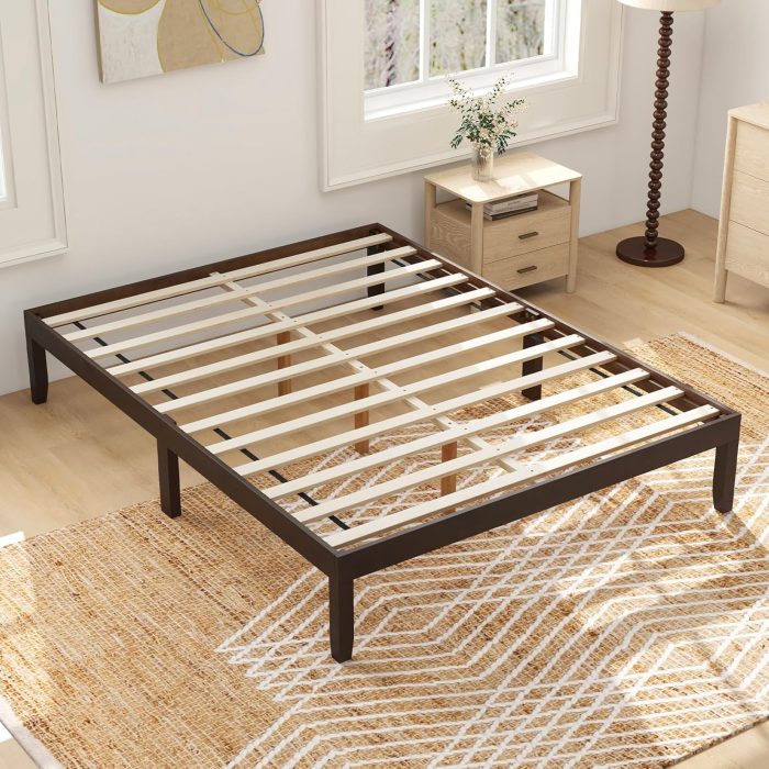 Giantex 14 Inch Twin Wood Platform Bed Frame, Minimalist Twin Bed Frame with Wooden Slats Support & Rubber Wood Legs - Espresso Queen - Image 1