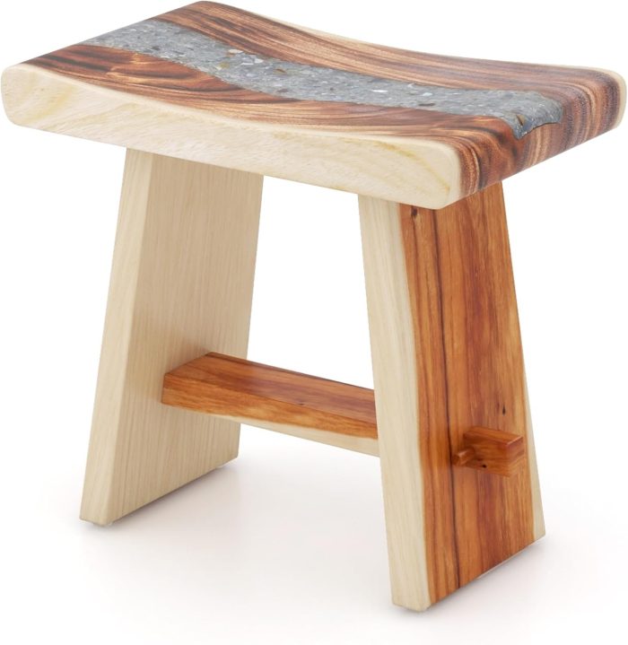 Giantex Teak Shower Bench, Fully Assembled Teak Shower Stool with Epoxy Resin Decoration and Curved Seat - Image 1