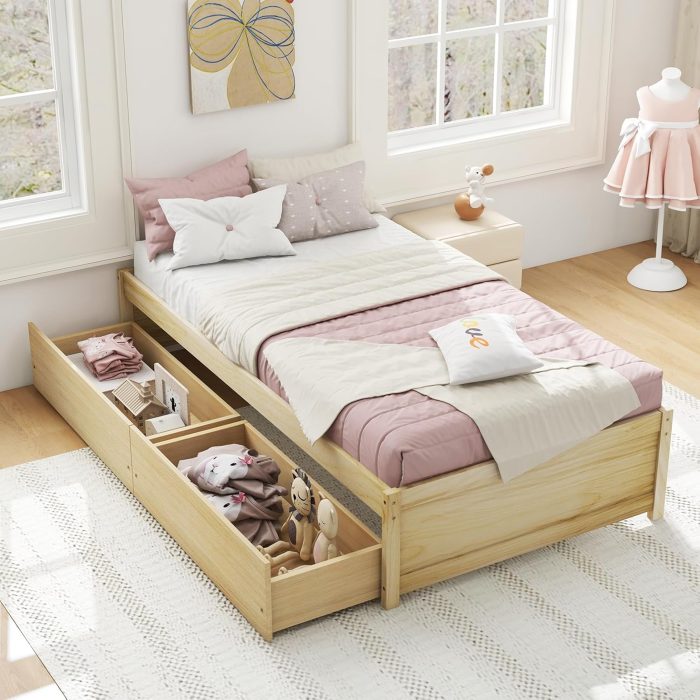 Giantex Bed Frame with 2 Storage Drawers, Solid Wood Platform Bed with Slats Support - Natural Twin - Image 1