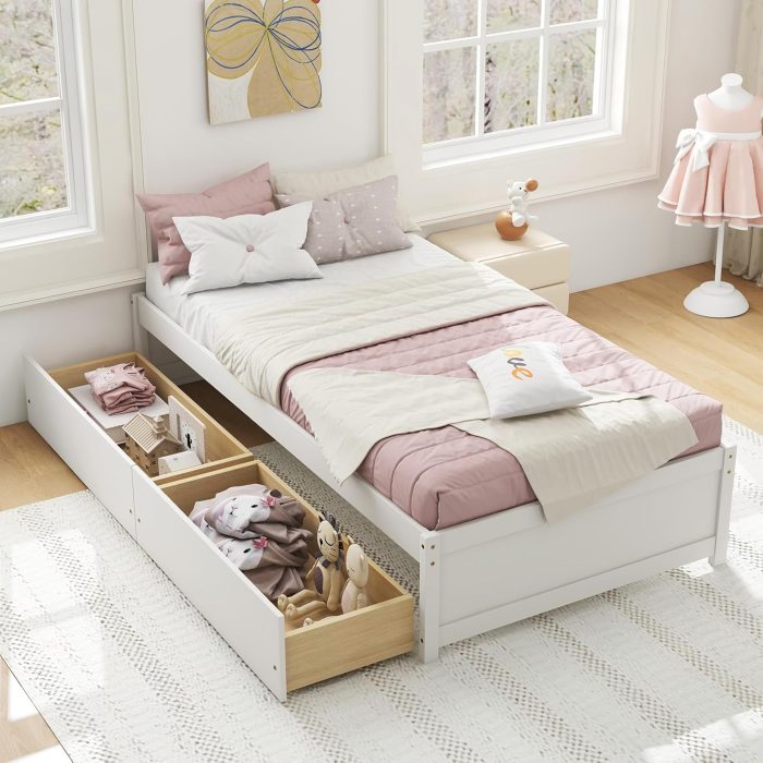 Giantex Bed Frame with 2 Storage Drawers, Solid Wood Platform Bed with Slats Support - White Twin - Image 1