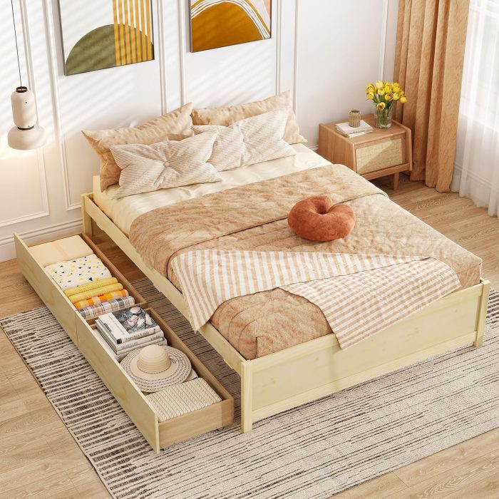 Giantex Bed Frame with 2 Storage Drawers, Solid Wood Platform Bed with Slats Support - Natural Full - Image 1