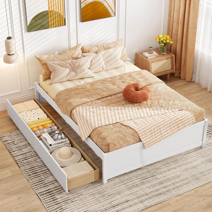 Giantex Bed Frame with 2 Storage Drawers, Solid Wood Platform Bed with Slats Support - White Full - Image 1