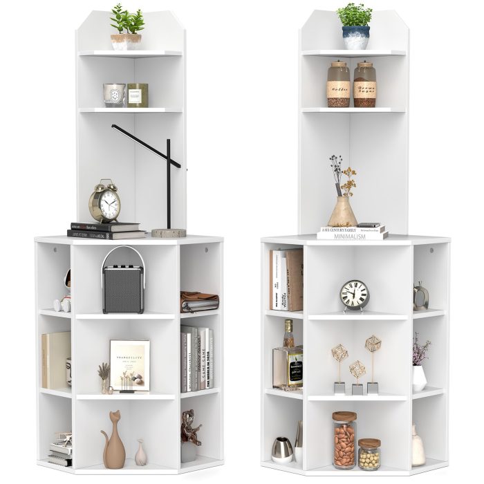 Giantex 6-Tier Corner Shelf with Charging Station, 63" Tall Corner Bookshelf with 2 USB Ports & 2 Outlets - 2 White - Image 1