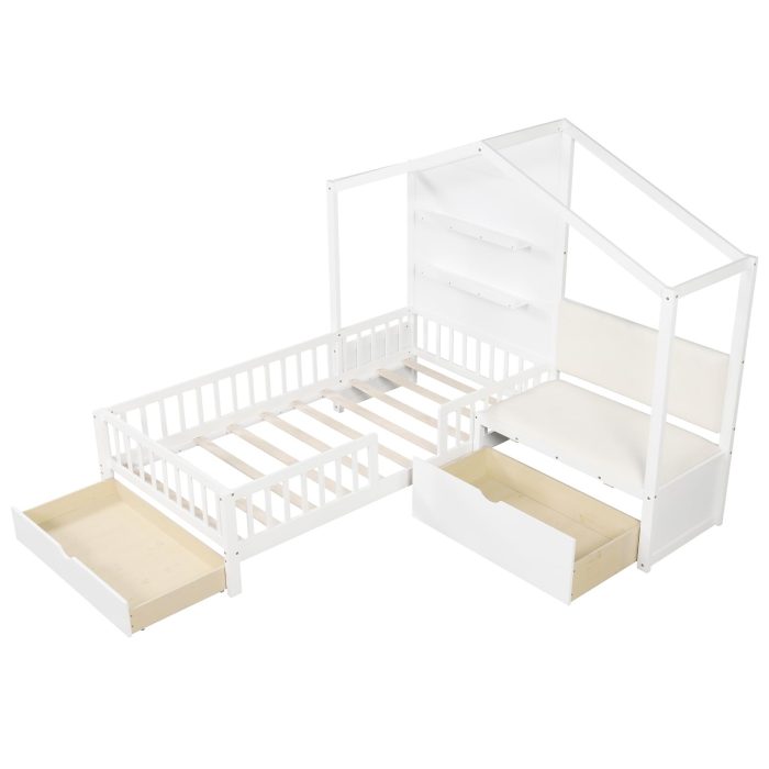 Giantex Twin House Bed for Kids, Wooden Kids Twin Bed Frame with Padded Bench - Image 1