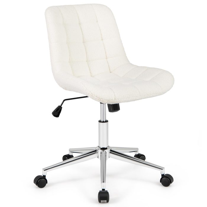 Giantex Armless Office Chair, Modern Faux Fur White Vanity Chair with Wheels & Adjustable Height - Image 1