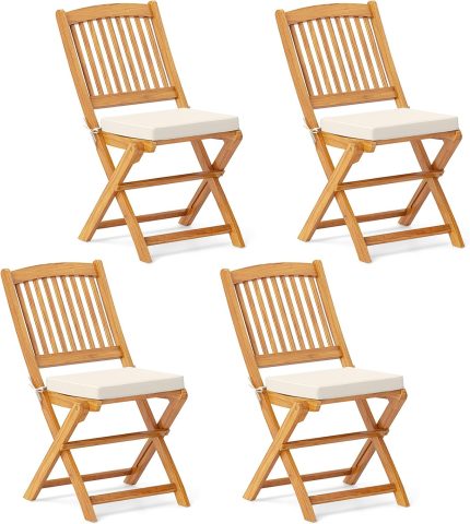 Giantex Patio Folding Chairs Set of 2, Portable Acacia Wood Dining Chairs w/Seat Cushion, 400 LBS Weight Capacity - Beige 2