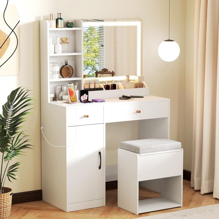 CHARMAID Vanity Desk with Mirror and Lights, Makeup Vanity Desk with Drawers, Shelves, Side Cabinet - White - Image 1