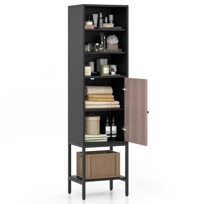Giantex 57” Tall Bathroom Storage Cabinet, Bathroom Floor Cabinet with Door, Adjustable Shelves & Foot Pads - Black - Image 1