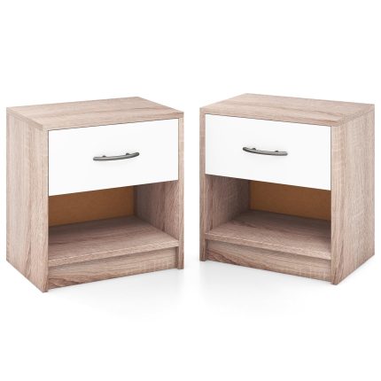 Giantex Night Stand Set of 1/2 with Drawer, Wood  End Table with Open Storage Shelf for Bedroom - 2 Natural & White