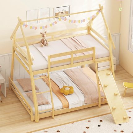 Giantex Twin Over Queen Bunk Bed, Wood House Bunk Bed for Kids with Climbing Nets and Ramp - Natural