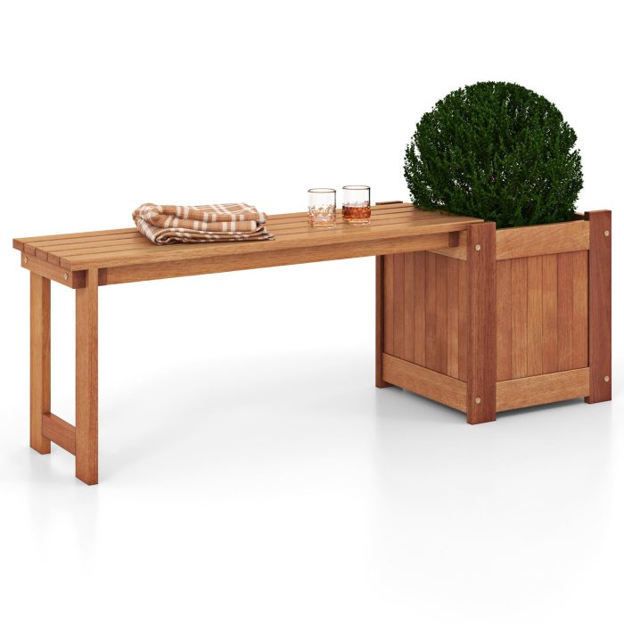 Giantex Outdoor Bench with Raised Garden Bed, Wood Seat with Teak Oil Finish, Planter Box with Open-Ended Base - 1 - Image 1