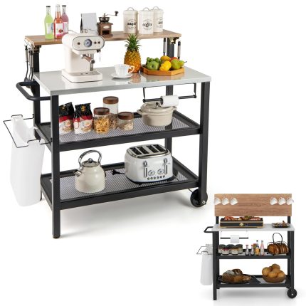 Giantex Outdoor Grill Cart - Pizza Oven Stand with Flip up Bar Table, 4-Shelf Food Prep Cooking Station with Hooks