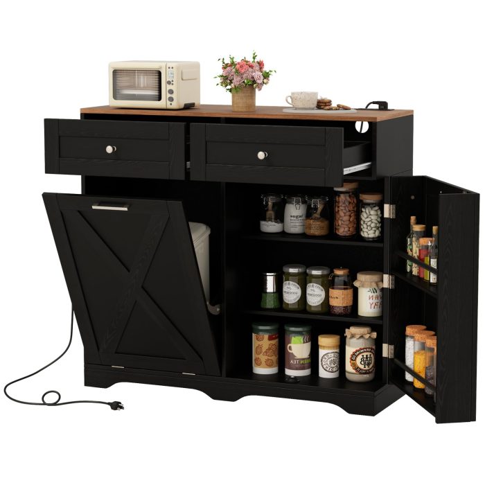 Tilt Out Trash Can Cabinet 9.25 Gallon, Kitchen Island with Power Outlet - Black+walnut - Image 1