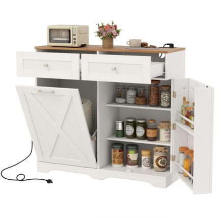Tilt Out Trash Can Cabinet 9.25 Gallon, Kitchen Island with Power Outlet - White+walnut
