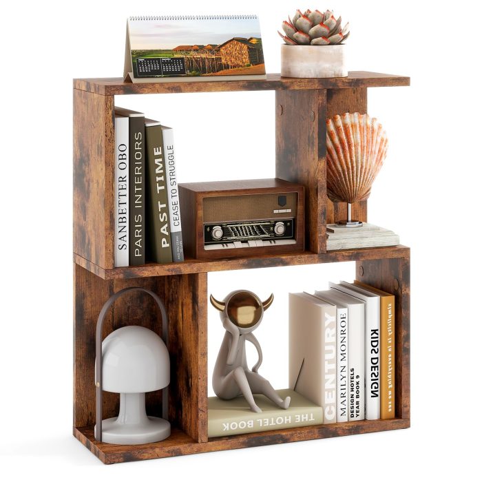 Giantex 3-Tier S-Shaped Bookshelf, Modern Geometric Bookcase, Freestanding Display Shelf for Small Space - 1 Rustic Brown - Image 1