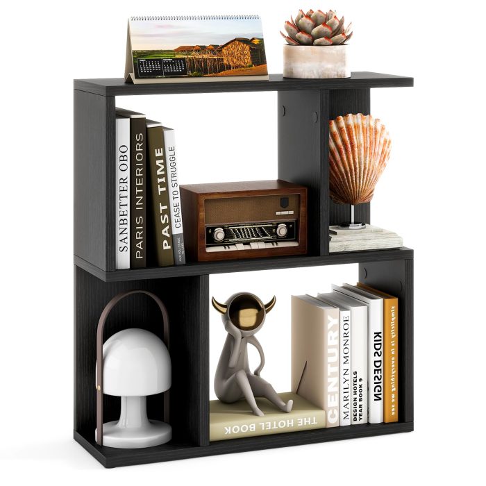 Giantex 3-Tier S-Shaped Bookshelf, Modern Geometric Bookcase, Freestanding Display Shelf for Small Space - 1 Black - Image 1