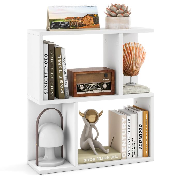 Giantex 3-Tier S-Shaped Bookshelf, Modern Geometric Bookcase, Freestanding Display Shelf for Small Space - 1 White - Image 1