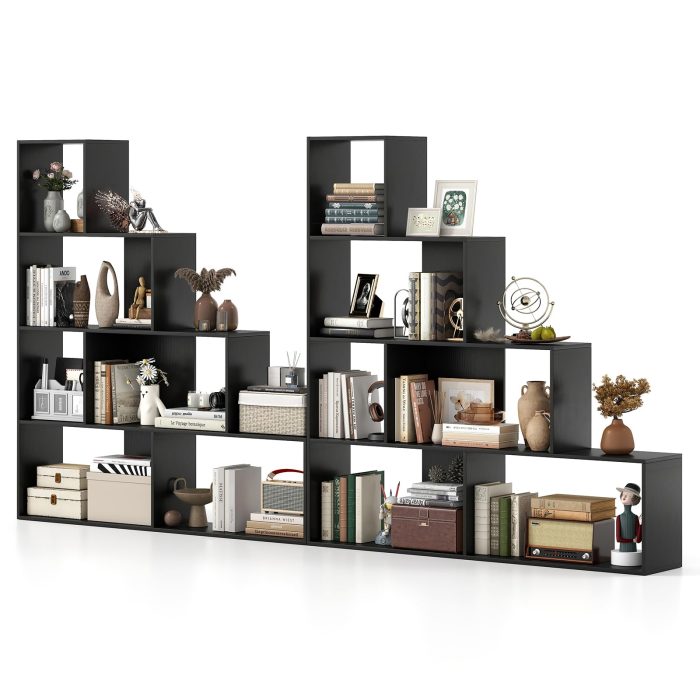 Giantex 6 Cube Geometric Bookshelf, 4-Tier L-Shaped Bookcase with Cubes - 2 Black - Image 1