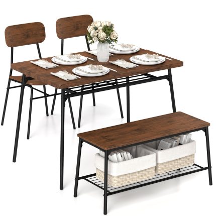 Giantex Dining Table Set for 4, Kitchen Table with Bench & 2 Chairs, Storage & Metal Frame