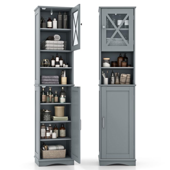 Giantex 67" Tall Storage Cabinet, Bathroom Floor Cabinet with Acrylic Door, Adjustable Shelves - Gray - Image 1