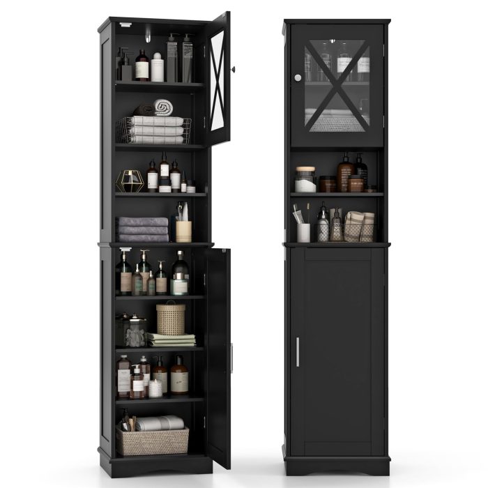 Giantex 67" Tall Storage Cabinet, Bathroom Floor Cabinet with Acrylic Door, Adjustable Shelves - Black - Image 1