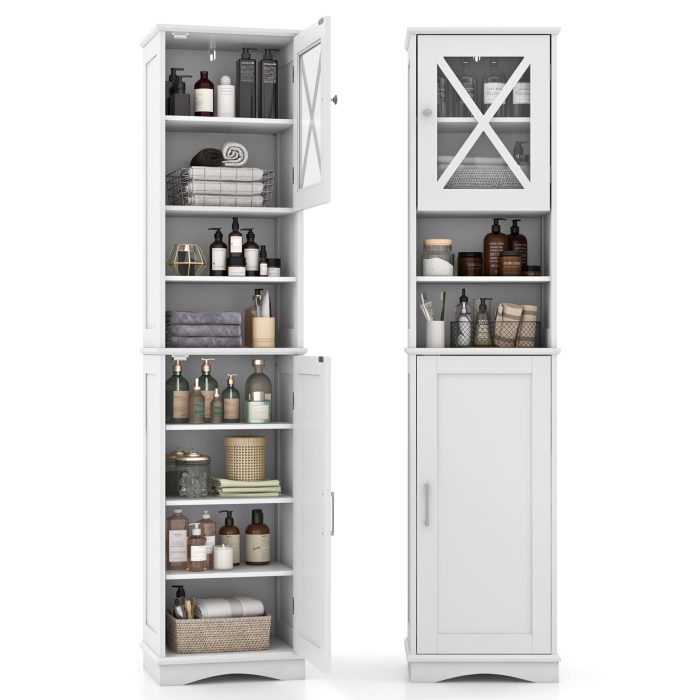 Giantex 67" Tall Storage Cabinet, Bathroom Floor Cabinet with Acrylic Door, Adjustable Shelves - White - Image 1